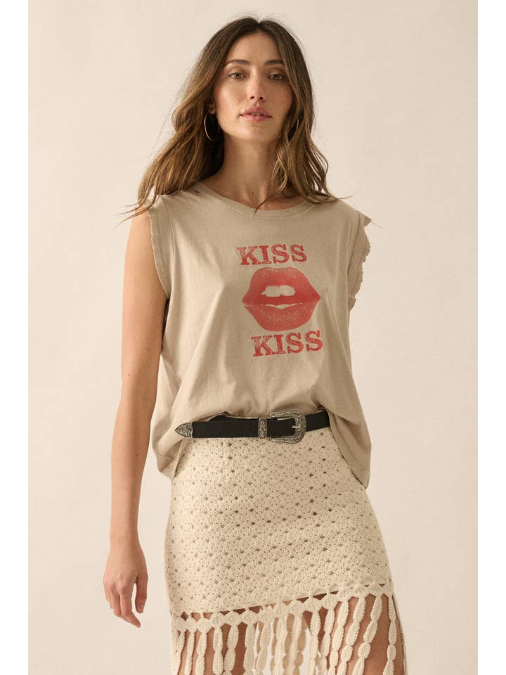 Stone Kiss Kiss Lips Distress Vintage-Wash Graphic Tee for wholesale on Faire