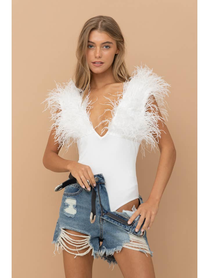 Blue B - Wholesale Bodysuit - Women's - 22309T - Deep V Jersey Feather Shoulder Bodysuit