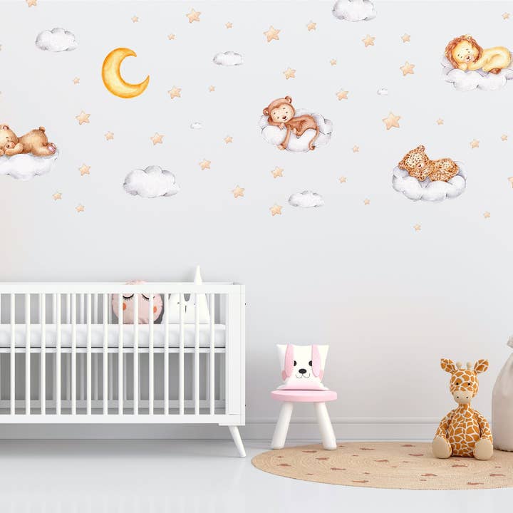 Watercolour safari wall stickers, Tropical wall decals, Jungle animals with clouds and stars nursery wall decor, Wild animals wall art for wholesale by Decals Online