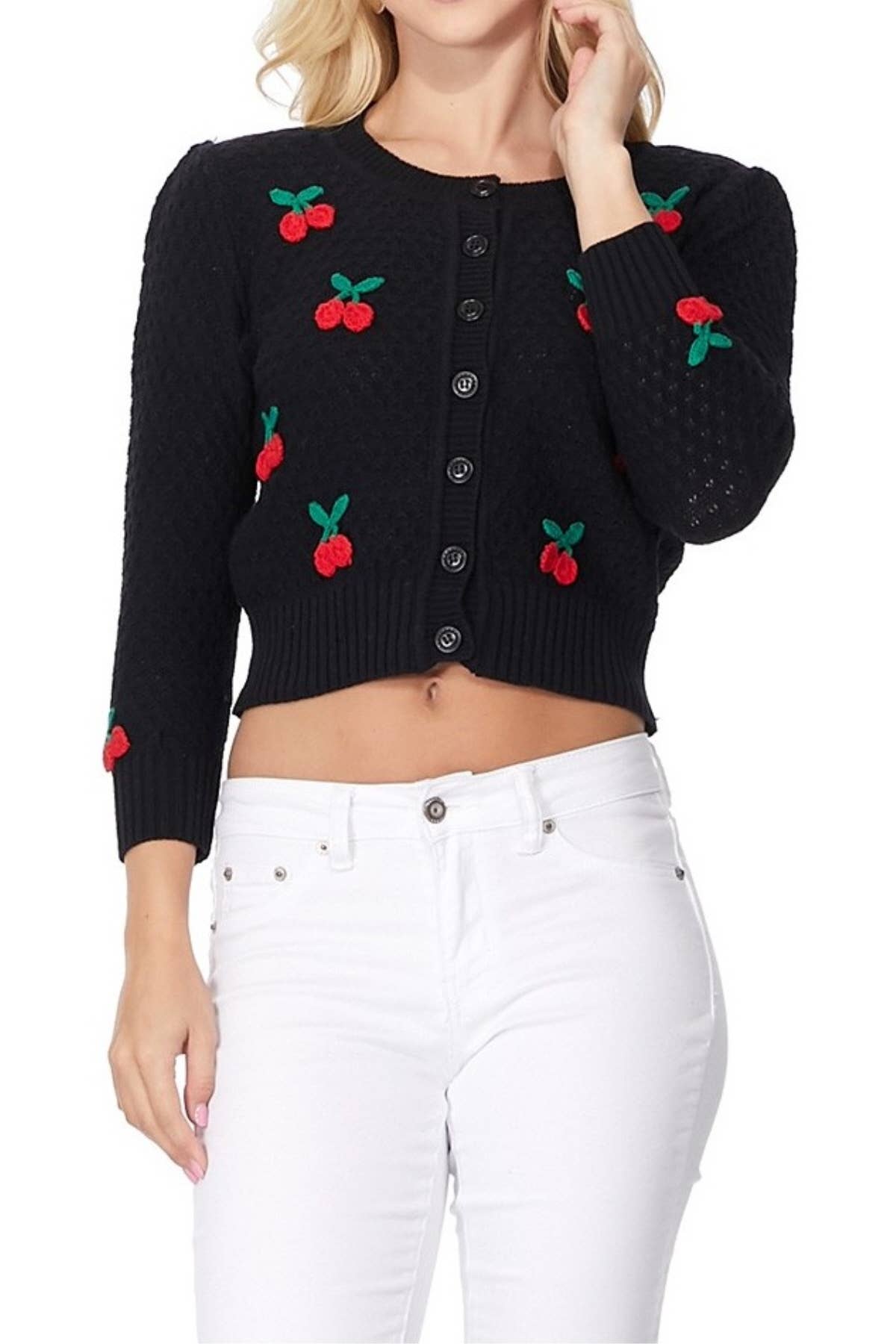 Mak - Wholesale Cardigan - Women's - Cherry Crochet Pom Pom Cropped Cardigan Sweater MK351515