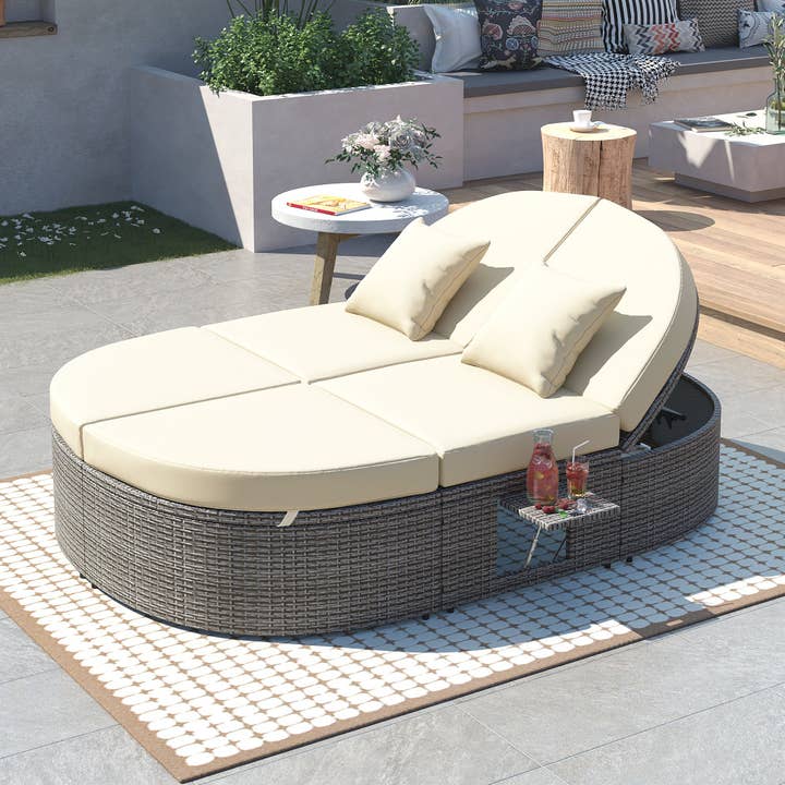 Orange County Decor - Wholesale Patio Couch - Outdoor Sun Bed Patio 2 Person Daybed With Cushions And Pillows, Rattan Garden Reclining Chaise Lounge With Adjustable Backrests And Foldable Cup Trays For Lawn, Poolside, Beige Yes Complete Patio