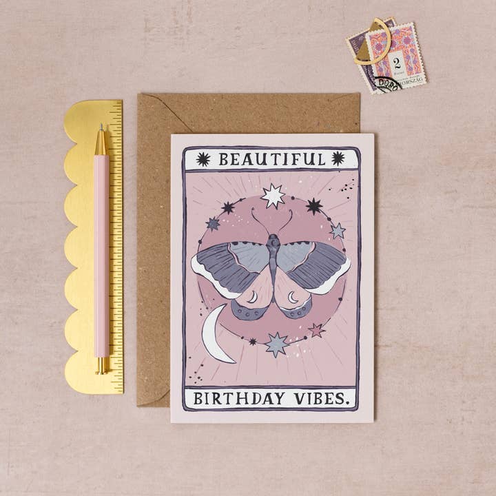 Sister Paper Co. - Wholesale Birthday Card - Moth Birthday Vibes Card | Birthday Card | Tarot Cards
