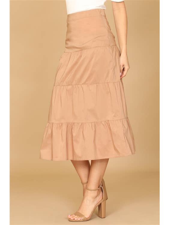 Lt Brown Tiered Solid Midi Skirt - Casual Midi Skirt for wholesale on Faire2