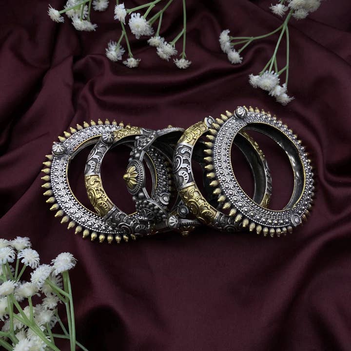 Dual Tone Silver Oxidized Kada Bangles Set Of 5, Openable for wholesale by Quirky Fashions