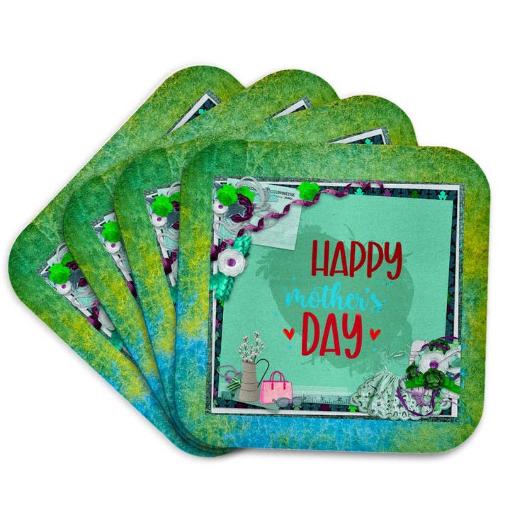 3dRose – wholesale Coasters – 3dRose, Image of Mothers Day, Lace Apron, Flowers, Purse, Ribbon Frame, Aqua, Coaster7