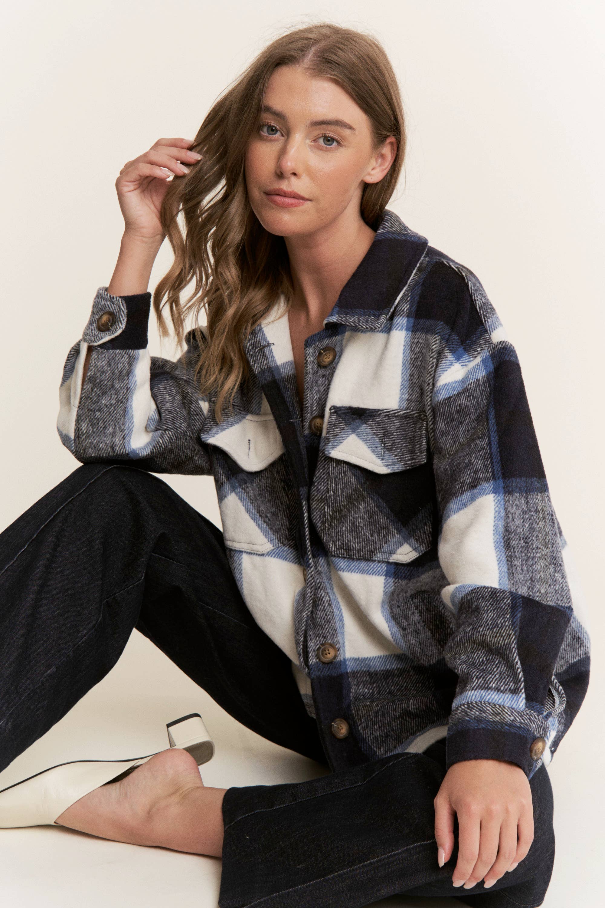 Sweet Generis - Wholesale Shirt Jacket/Shacket - Women's - FUZZY PLAID BUTTON DOWN FLANNEL SHIRT JACKET15