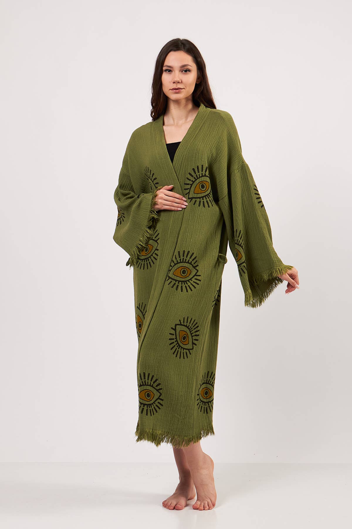 Yaz Concepts - Wholesale Kimono - Women's - Turkish Evil Eye Print Olive Green Robe Festival Kimono 4