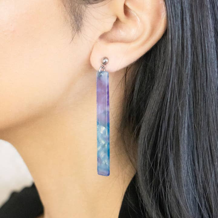 Bright Blue & Purple Long Strip Dangle Earrings for wholesale by Amber & Orange