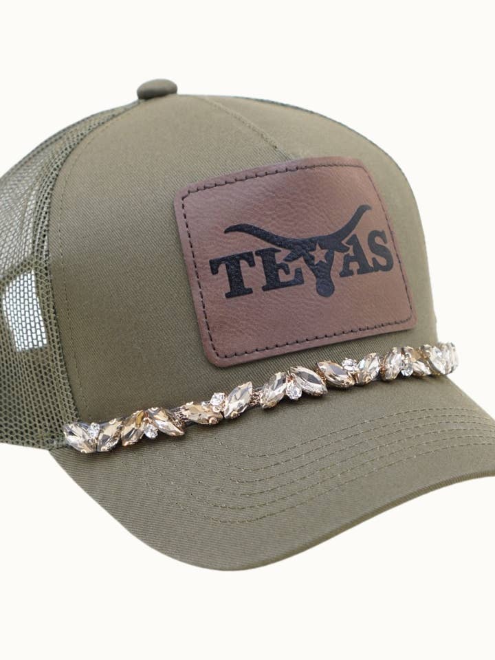 TEXAS Bejeweled Glitz Trucker Cap + Leatherette for wholesale by Olive & Pique