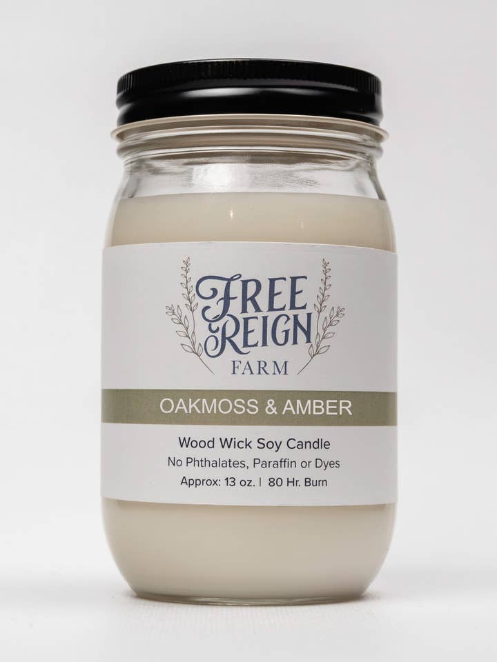 Oakmoss & Amber: vela Wood Wick para venta al por mayor de Free Reign Farm