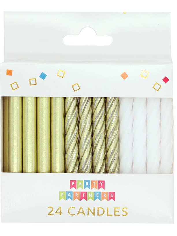 Gold Metallic & White 24 Candles Set for wholesale by Party Partners