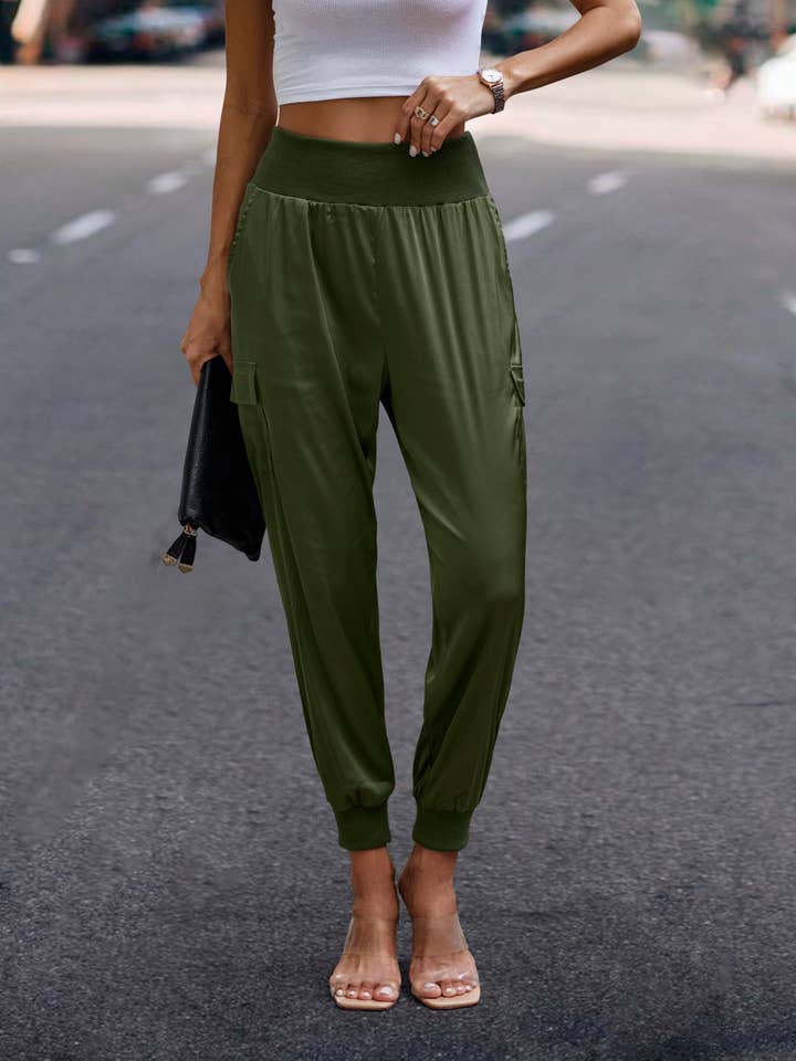 eLook - Wholesale Lounge Sweatpants/Joggers - Women's - SZ1-P0012 Satin Cargo Jogger with Ribbed Waist7