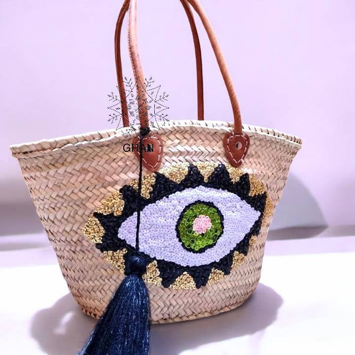 Gran Wholesale – wholesale Basket – Handmade Sequin Tote Bag - Evil Eye Motif - French Basket