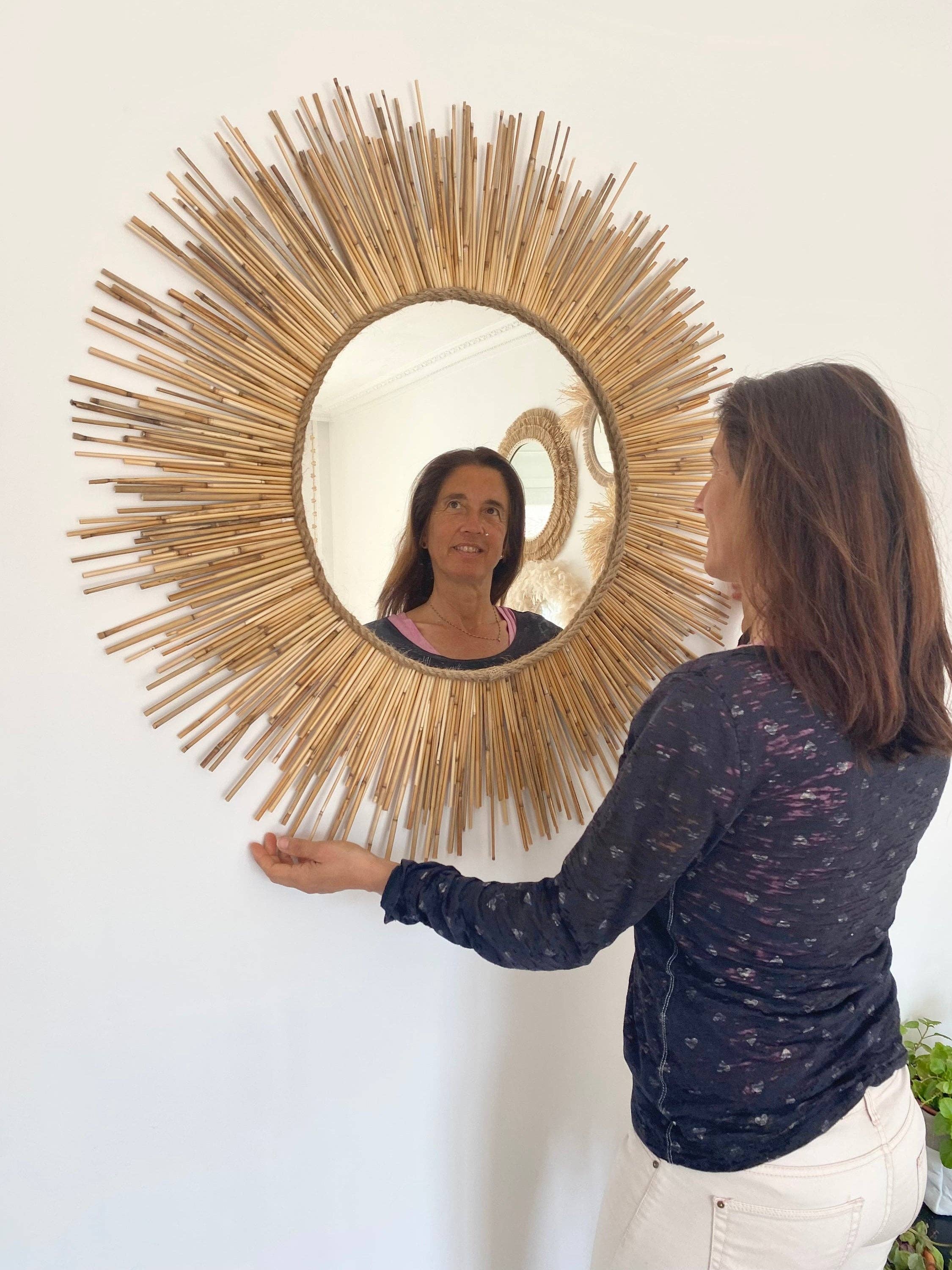 Geometrik Design – wholesale Wall stone – Natural Bamboo Round Decorative Wall Mirror7