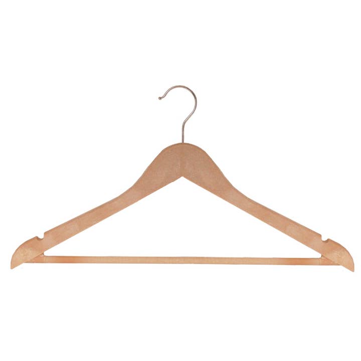 Ergodebrands - Wholesale Clothes Hangers - USTECH Wood-Look Bowed Hanger With Pant Bar & Shoulder Notch3
