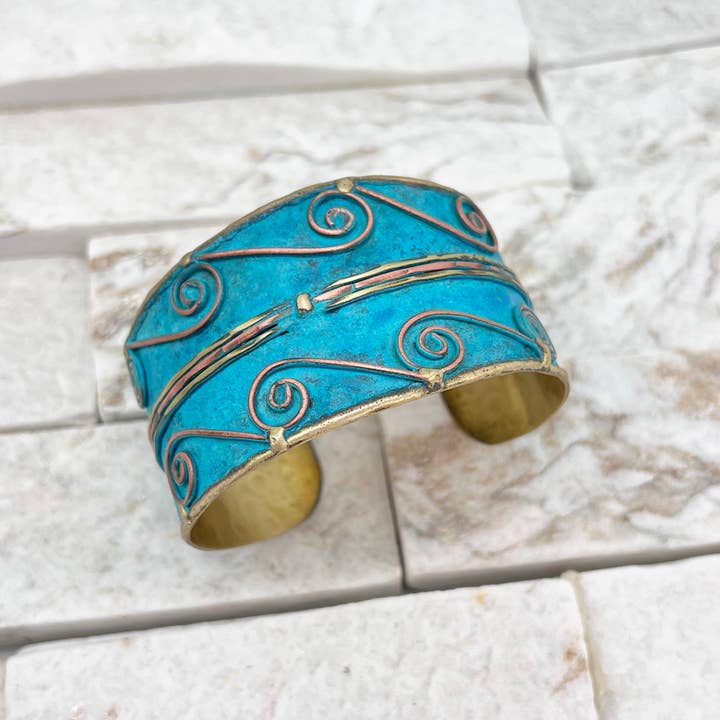 Anju Jewelry - Wholesale Cuff Bracelet - Brass Patina Cuff Bracelet - Turquoise Swirls