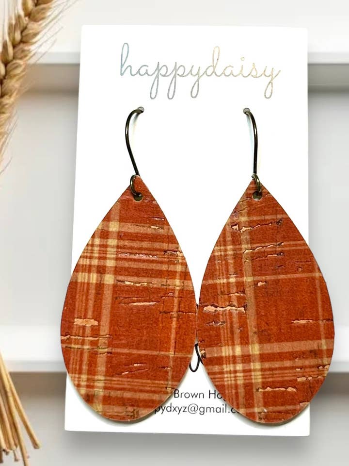 Herfst geruite oorbellen van roest en bruin kurk op leren druppelvormige oorbellen voor wholesale door happydaisy