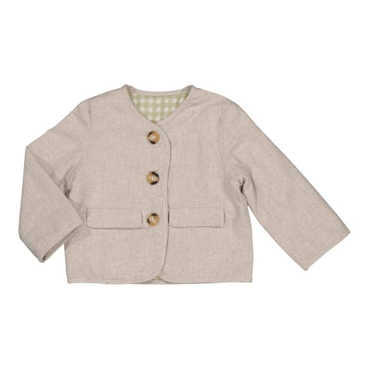 Sacha, veste matelassée, en sergé beige et vichy vert pour la vente par Kidiwi handmade
