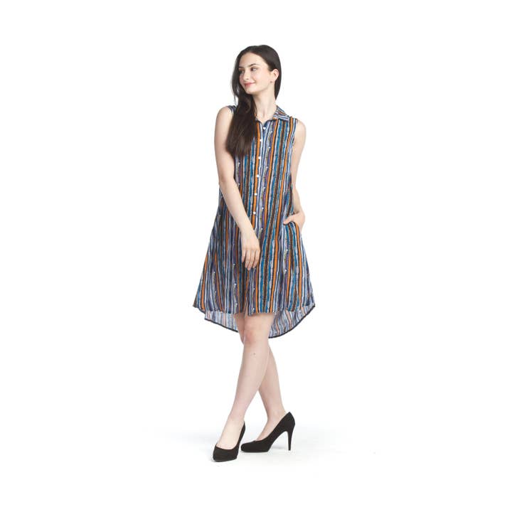 PD07602 MULTI Striped Button Front A-Line Dress w Pockets for wholesale by Papillon