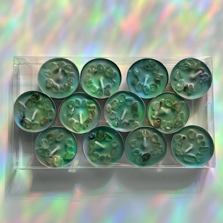 Crystal Infused Tea Light Candles | Fresh Cut Grass Scent for wholesale by Midwest Apothecary