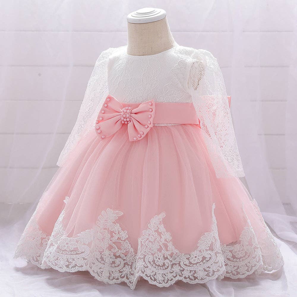 MyKids-USA® - Wholesale Dress - Baby - Baby Girl Bow Patched Design Long Sleeves Full Moon Christening Mesh Formal Dress9