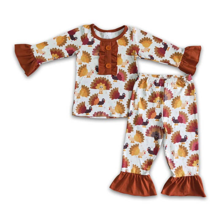 Turkey print girls Thanksgiving pajamas for wholesale by Yawoo Garments