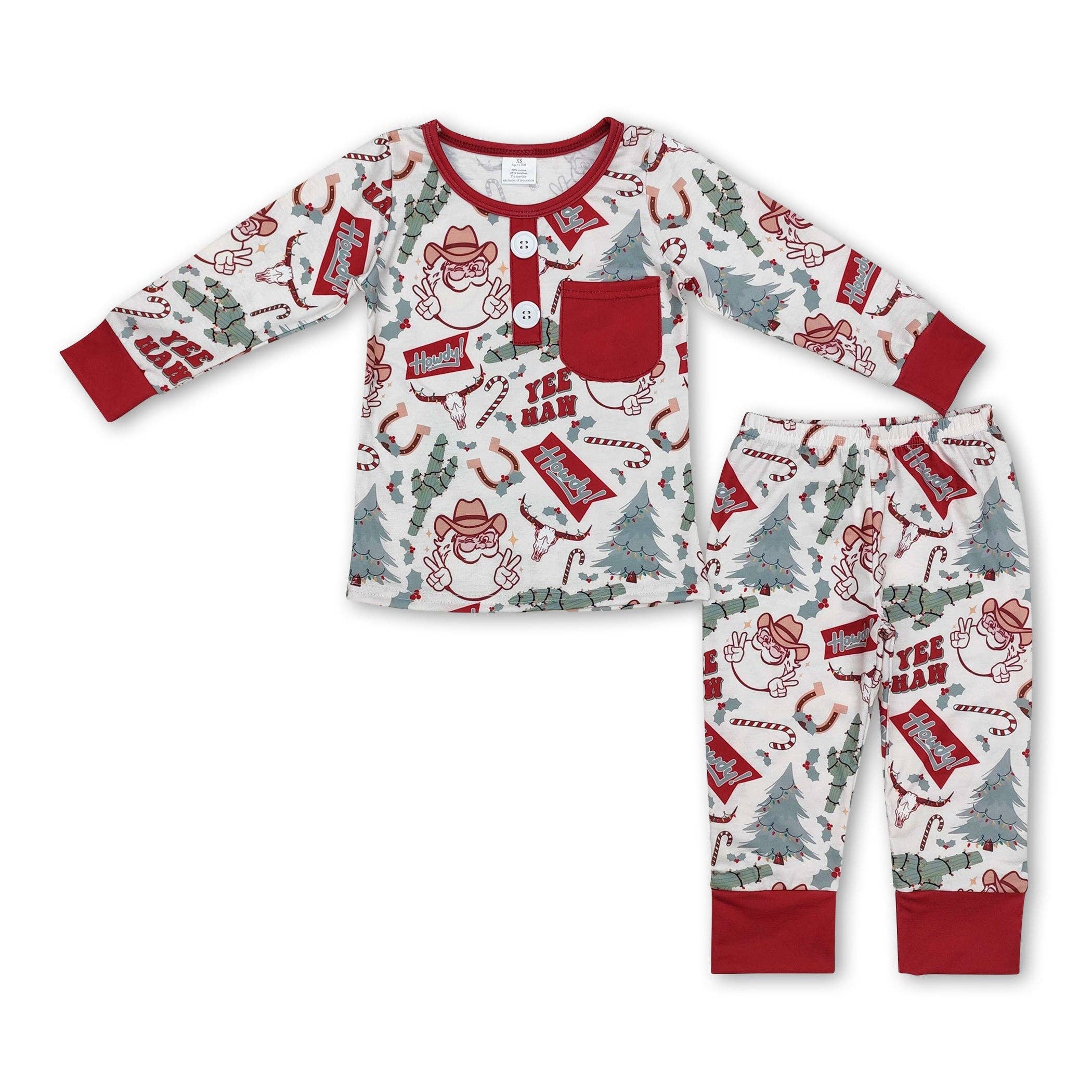 Yawoo Garments - Vente Haut et bas de pyjama – enfant - Pyjama en bambou pour enfants avec arbre de Noël, cactus et père Noël