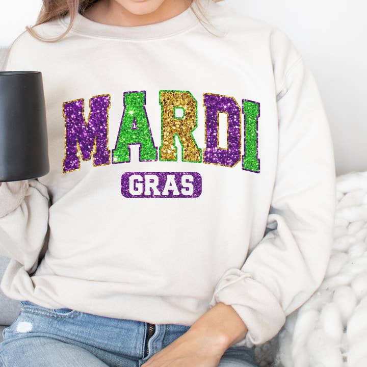 Faux Chenille Patch Mardi Gras Skjorte, Mardi Gras Sweatshirt for engroshandel hos NVC Ecommerce LLC