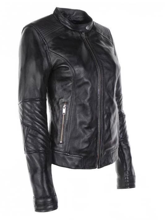 Kvinnors läderracerjacka med rund bikerkrage EUPHRATE för wholesale av Blue Wellford