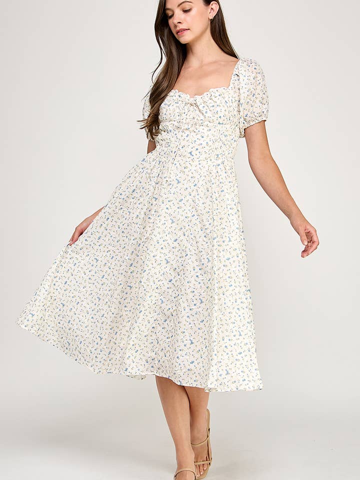 Floral Puff Sleeve Smocked Midi Dress for wholesale by Genzy Clothing