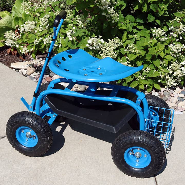 Steel Rolling Garden Cart with Extended Swivel/Basket - Blue for wholesale by Sunnydaze Decor