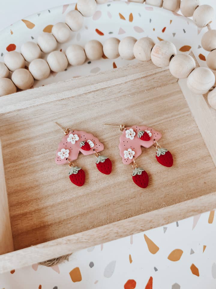 Strawberries And Flowers Handmade Polymer Clay Earrings for wholesale by Belu Designss