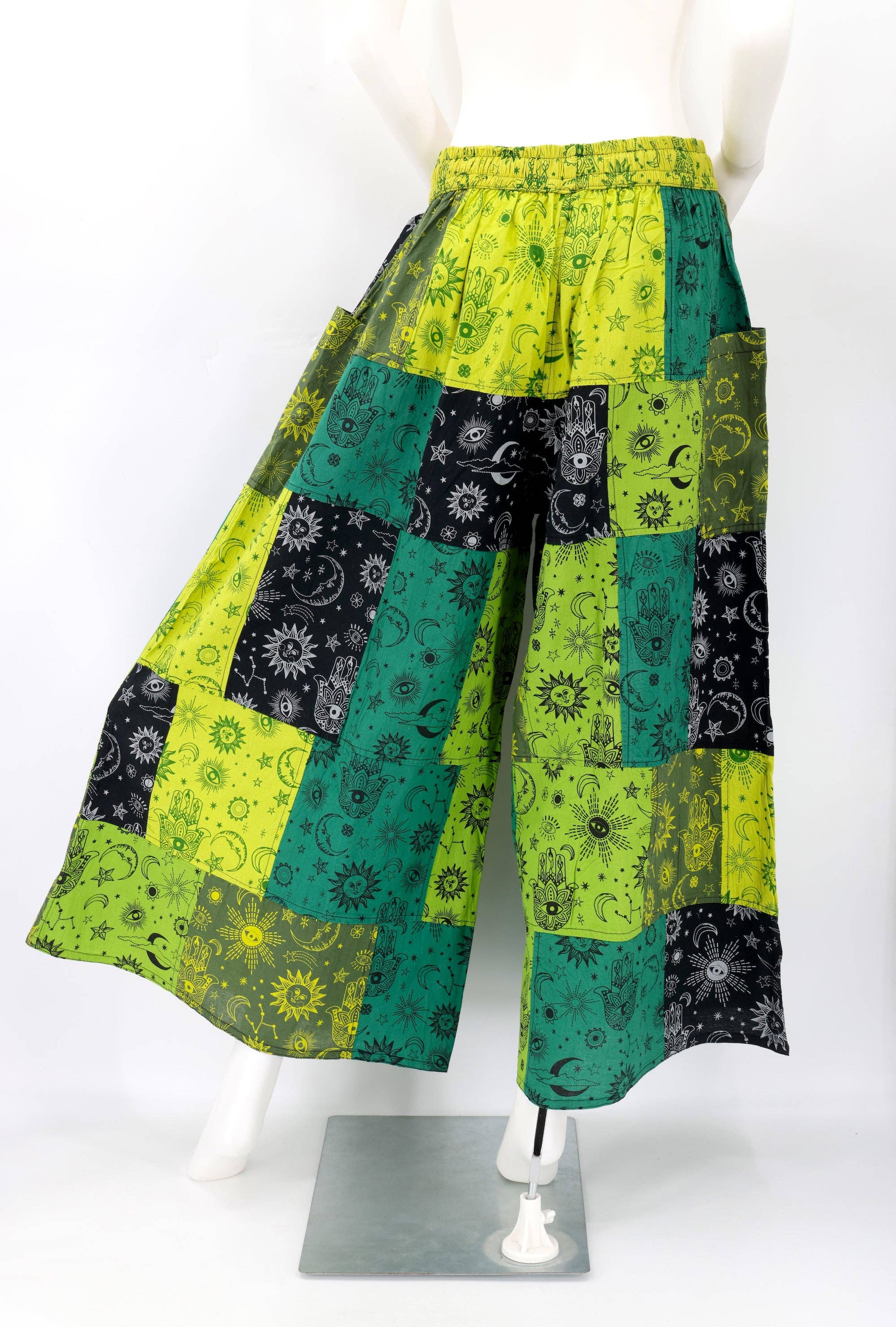 Himalaya Handmade - Vendita all'ingrosso Pantalone - Donna - Pantaloni Bohemien a Gamba Larga in Cotone Hippie Fatti a Mano con Stampa Celestiale Patchwork5