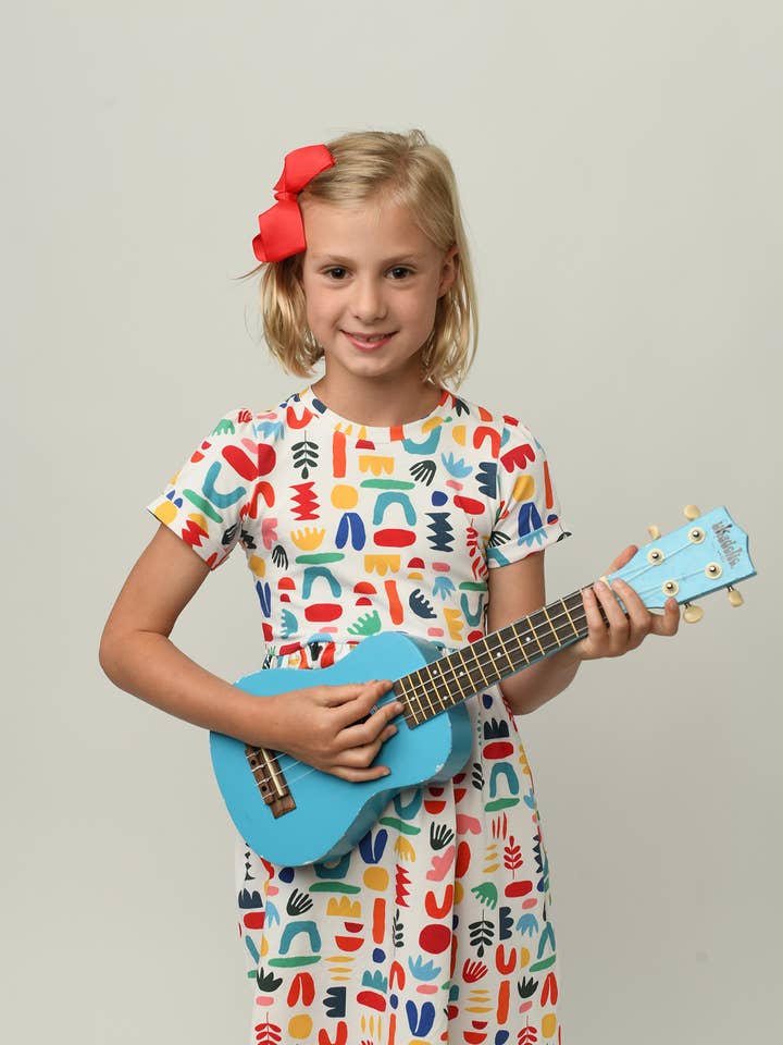 Minna - Wholesale Dress - Kids - Short Sleeve Jersey Twirl Dress - Colorful Retro Shapes3