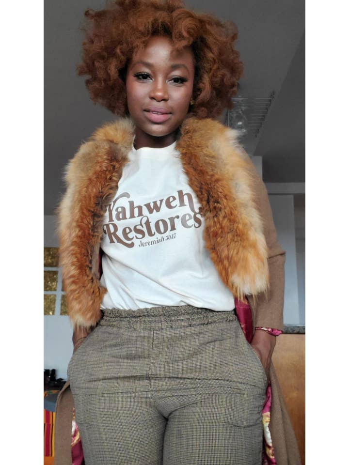 Declarations By Beyond The Aisle - Wholesale Screen Printed T-Shirt - Women's - YAHWEH RESTORES - JEREMIAH 50:17 COTTON TEE1