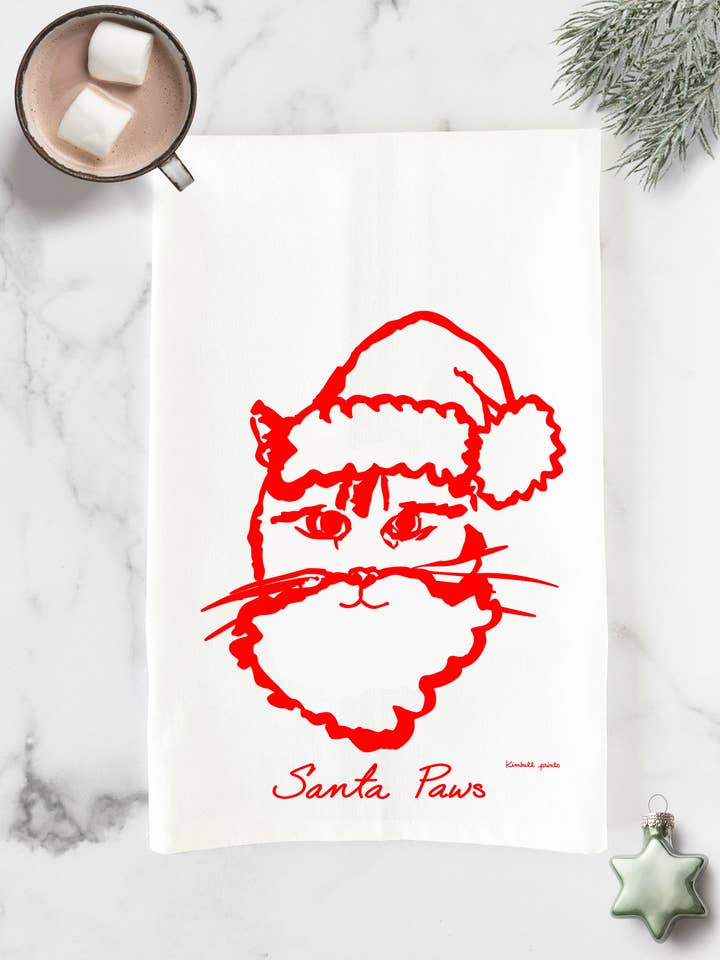 Santa Paws Cat | Cotton Tea Towel | Holiday Collection for wholesale by Kimball Prints