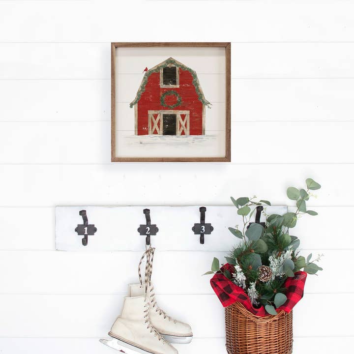Kendrick Home - Wholesale Christmas Wall Art - Red Barn With Wreath Cardinal2