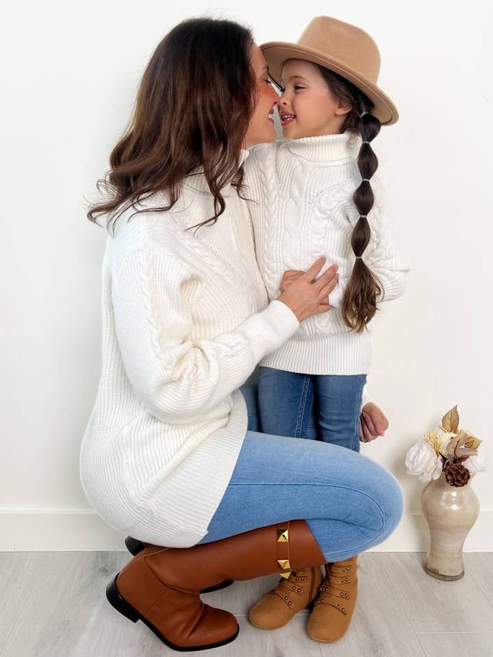 Mommy and Me Cream Oversized Cable Knit Sweater for wholesale on Faire1