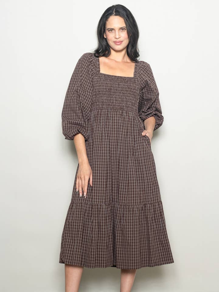 Elloh Collection - Wholesale Dress - Women's - Square Neck Checkered Plaid Smocked Chest Cotton Maxi Dress9