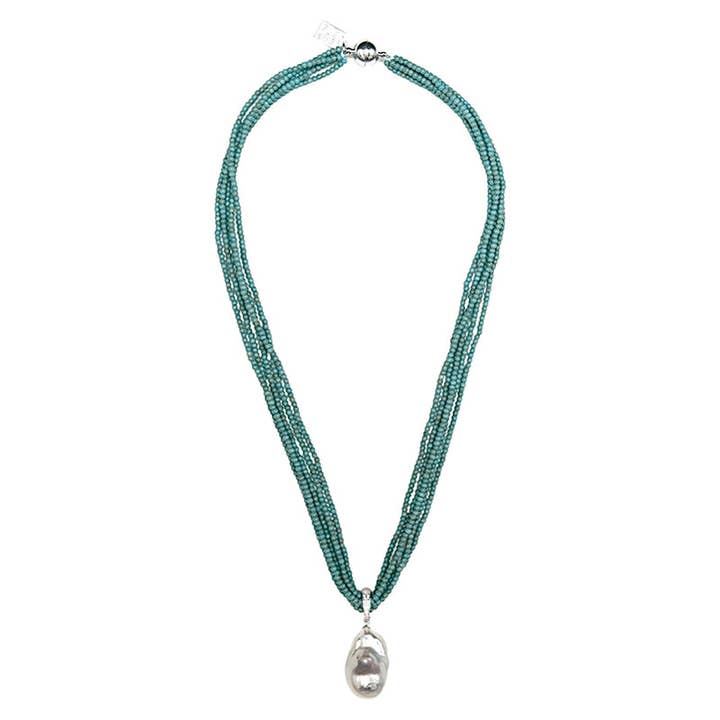 425-01-S | TURQUOISE À 5 BRINS ET PERLES SAUVAGES EN FORME DE GOUTTE SUR ARGENT 18" pour la vente par Girl With A Pearl