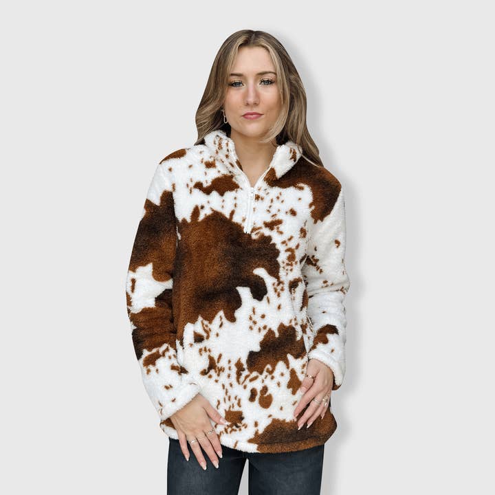 ILTEX Apparel - Wholesale Screen Printed T-Shirt - Women's - Cow Print Brown White Sherpa Pullover Women1
