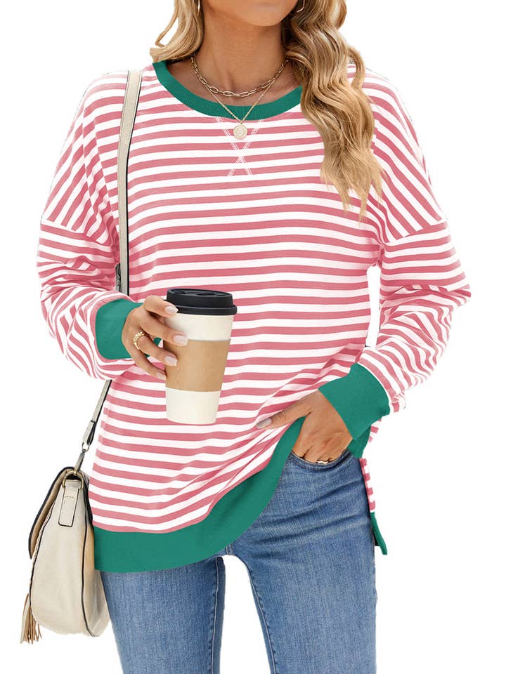 Wholesalesir - Wholesale Sweatshirt - Women's - Contrast Round Neck Split Long Sleeved Striped Hoodie