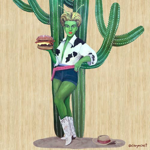 Alien Cowgirl Hamburger Dronning Postkort for engroshandel hos Caryn Cast Art