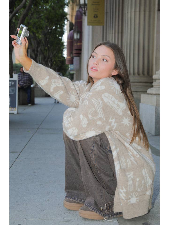 VERY J - Wholesale Cardigan - Women's - 12W3393N-Oversized Western Graphic Knit Sweater Cardigan22