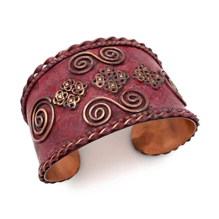 Filigree and Double Spirals Burgundy Copper Patina Cuff for wholesale by Anju Jewelry