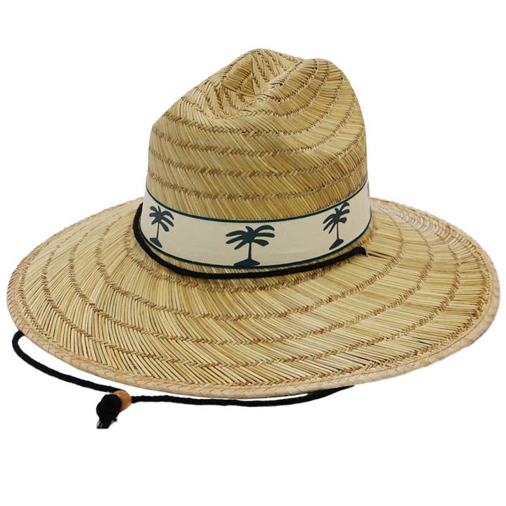 Cap Zone - Wholesale Straw Hat - Women's - Palm Tree Band Wide Rush Straw Lifeguard Hat
