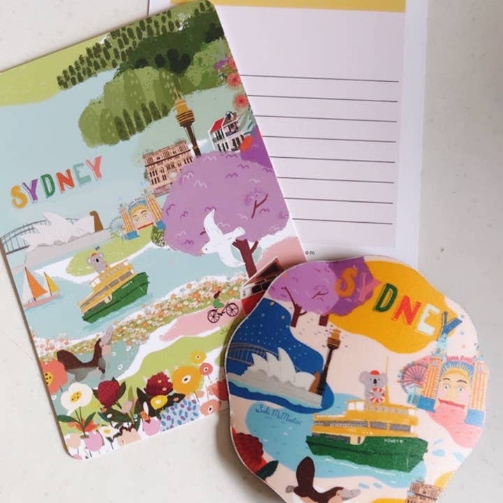 Sydney Postcard & Magnet Gift Set by Suki McMaster – Illustrated A6 Postcard + Fridge Magnet | Harbour Bridge, Opera House & Koala Design for wholesale by Suki McMaster