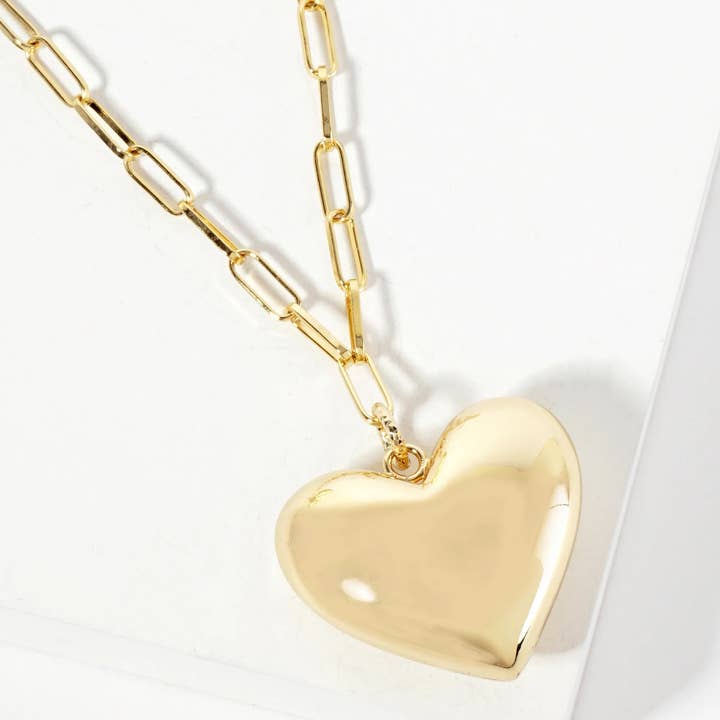 Wild Honey - Wholesale Pendant/Charm Necklace - 18K-Gold-Dipped 32mm Hollow Puffy Heart Pendant 18-inch Necklace0
