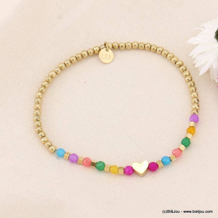 Elastic bracelet with heart steel beads and stones 0223085 for wholesale by Lilas de Seine
