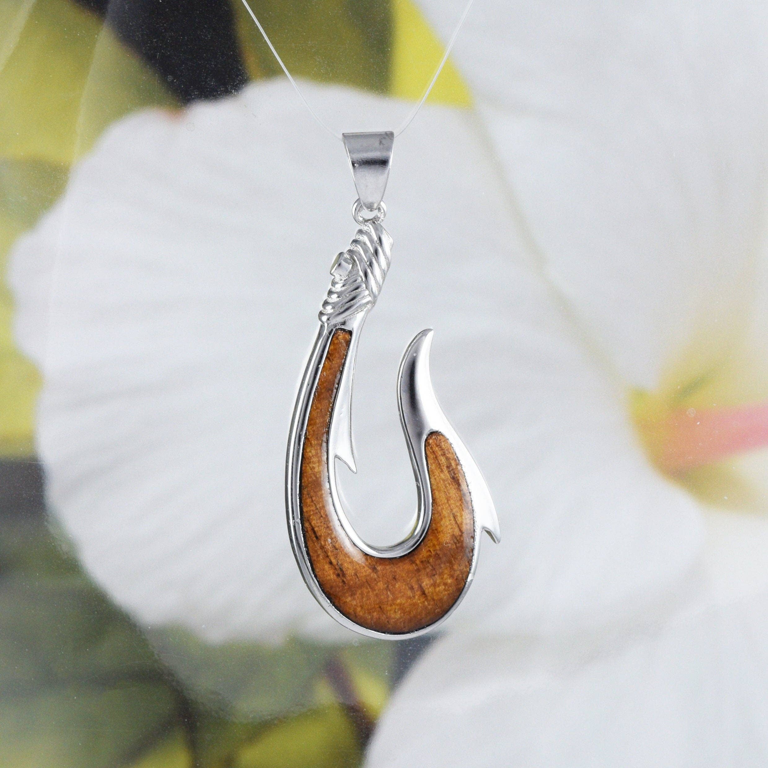 Paradise Treasures Jewelry - Wholesale Individual Charm/Pendant - Hawaiian Large Genuine Koa Wood Fish Hook Pendant, Sterling Silver Fish Hook Pendant, N8861 Birthday Mother Gift1